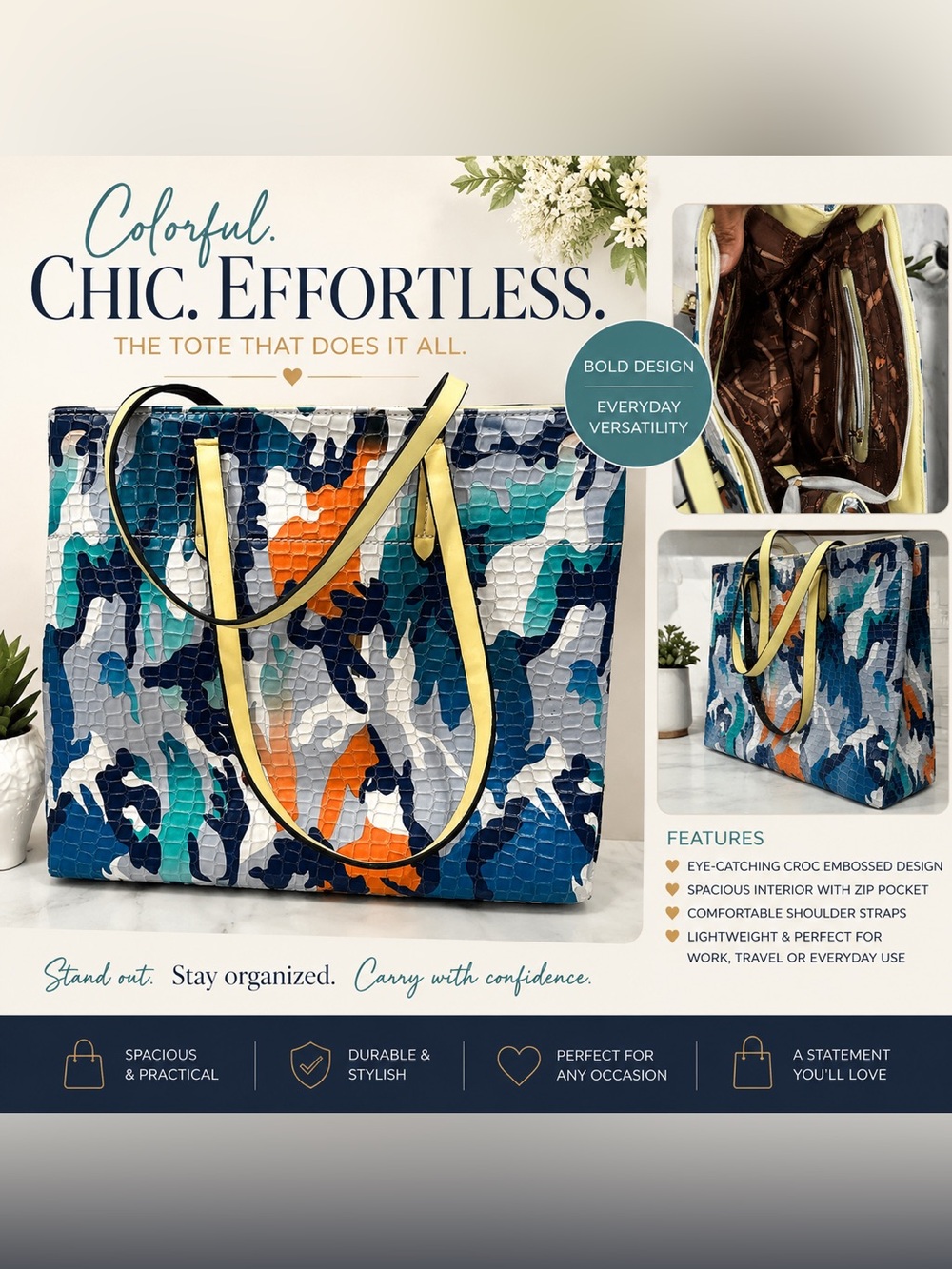 Colorful Croc-Embossed Tote Bag - Yellow Trim
